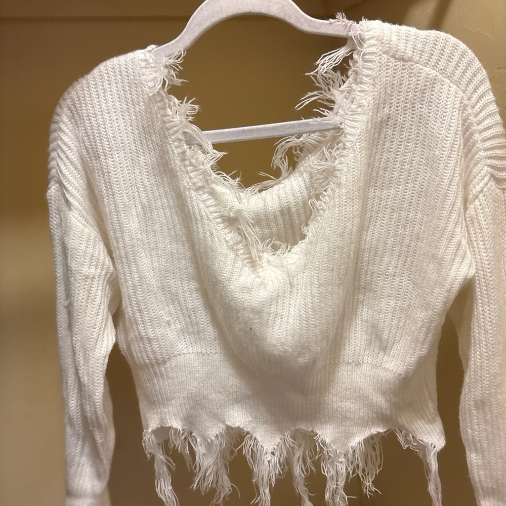 SHEIN Ivory Fringe Knit Top